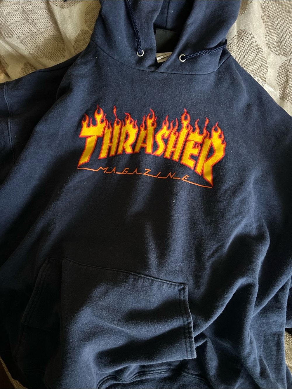 Y2K Thrasher Magazine Flame Logo Navy Blue Hoodie XL